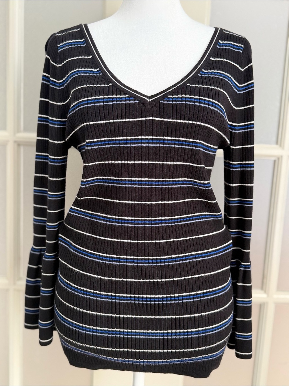 White House Black Market Striped V-Neck Ribbed Knit Dress